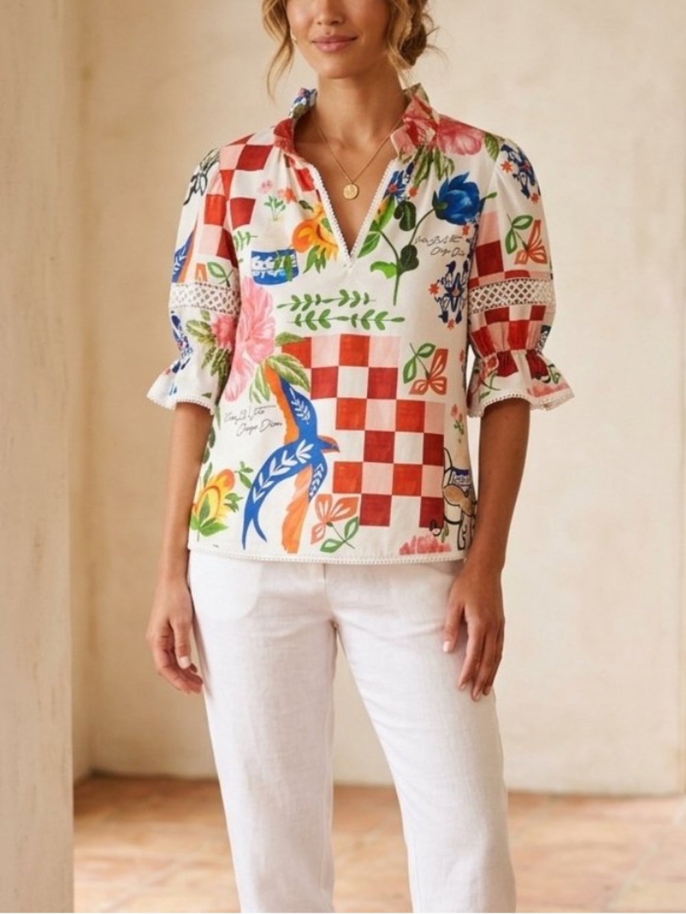 Alden Adair Amalfi Print Floral & Red-Check Cotton Blend Blouse Euro Summer